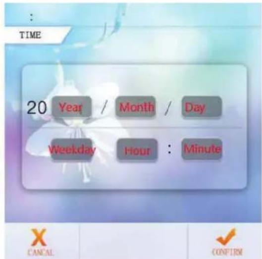 TIME 20 Year / Month / Day Weekday Hour : Minute X CANCEL CONFIRM