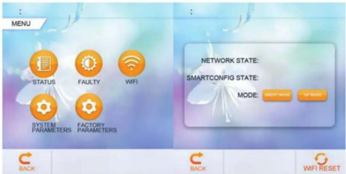 MENU STATUS FAULTY WIFI SYSTEM PARAMETERS FACTORY PARAMETERS NETWORK STATE: SMARTCONFIG STATE: MODE: SAMMT MODES UP MODES BACK C BACK WIFI RESET