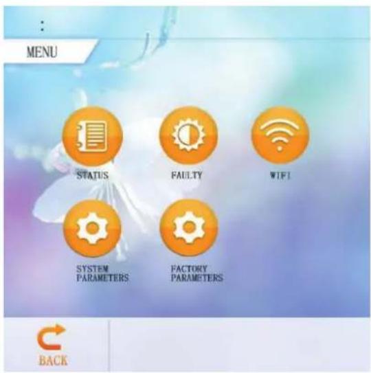 MENU STATUS FAULTY WIFI SYSTEM PARAMETERS FACTORY PARAMETERS BACK