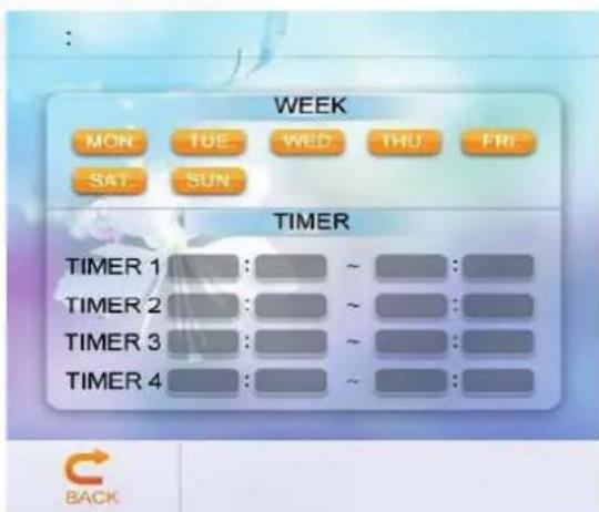 WEEK MON TUE WED THU FRI SAT SUN TIMER TIMER 1 : ~ : TIMER 2 : ~ : TIMER 3 : ~ : TIMER 4 : ~ : C BACK