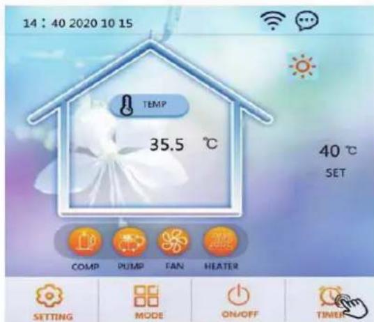 14 : 40 2020 10 15 TEMP 35.5 °C 40 °C SET COMP PUMP FAN HEATER SETTING MODE ON/OFF TIMER