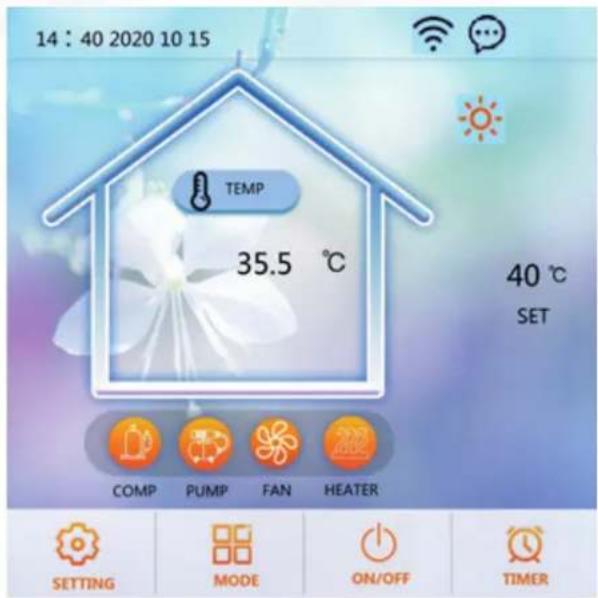 14 : 40 2020 10 15 TEMP 35.5 °C 40 °C SET COMP PUMP FAN HEATER SETTING MODE ON/OFF TIMER