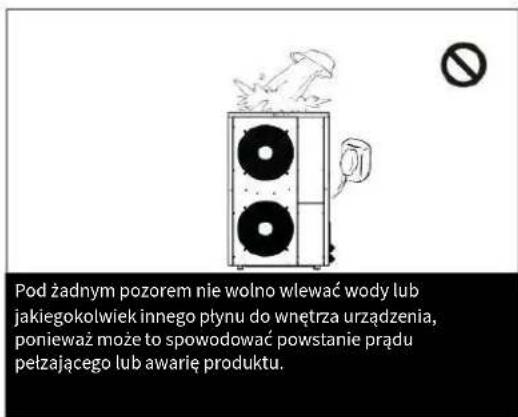 Pod żadnym pozorem nie wolno wlewać wody lub jakięgokołwiek innego płynu do wnętrza urządzenia, ponieważ może to spowodować powstanie prądu pełzającego lub awarię produktu.