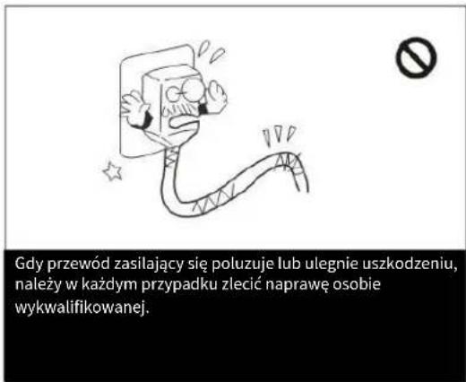 Gdy przewód zasilający się poluzuje lub ulegnie uszkodzeniu, należy w każdym przypadku zlecić naprawę osobie wykwalifikowanej.