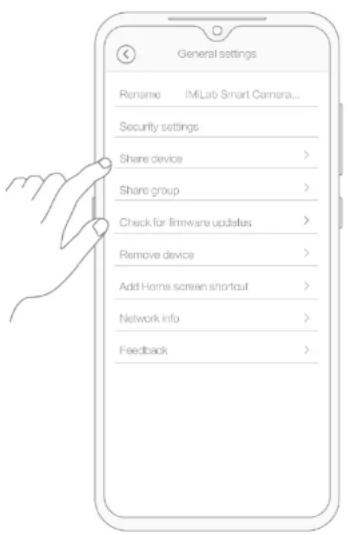 General settings Rename IMLab Smart Camera... Security settings Share device > Share group > Check for firmware updates > Remove device > Add Home screen shortcut > Network info > Feedback >