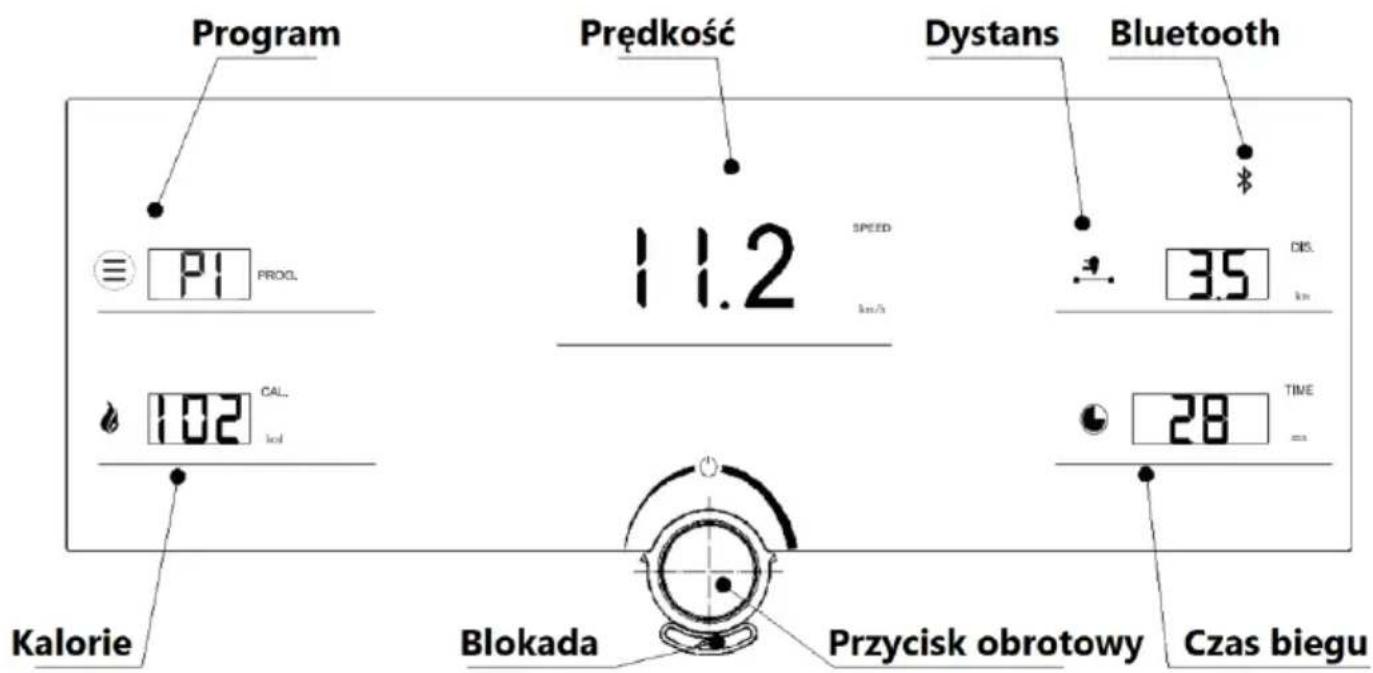 Program Prędkość Dystans Bluetooth 11.2 SPEED km/s 35 DIS. 102 CAL. kcal 28 TIME Kalorie Blokada Przycisk obrotowy Czas biegu