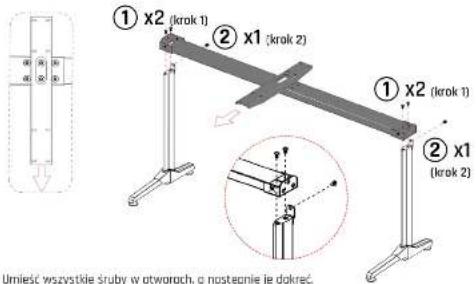 ① x2 (krak 1) ② x1 (krak 2) ① x2 (krak 1) ② x1 (krak 2) Umieść wszystkie śruby w otworach, o następnie je dokreć.