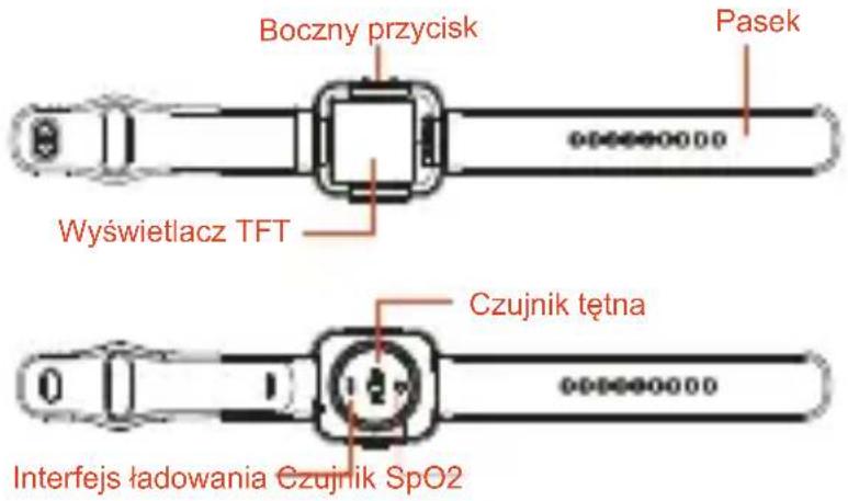 Boczny przycisk Pasek Wyświetlacz TFT Czujnik tętna Interfejs ładowania Czujnik SpO2