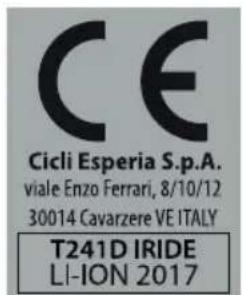 CE Cicli Esperia S.p.A. viale Enzo Ferrari, 8/10/12 30014 Cavarzere VE ITALY T241D IRIDE LI-ION 2017