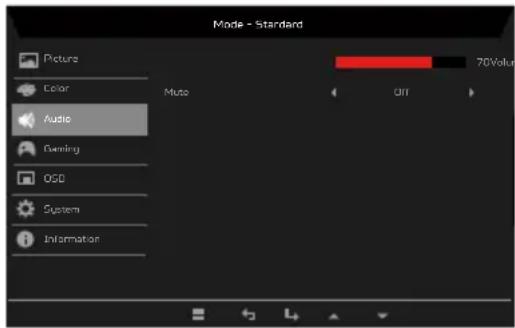 Mode - Standard Picture Color Audio Gaming OSD System Information Muto 70Volu Off