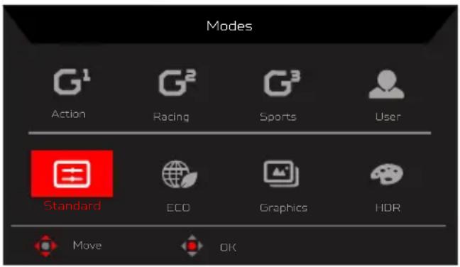 Modes G¹ Action G² Racing G³ Sports User Standard ECO Graphics HDR Move OK