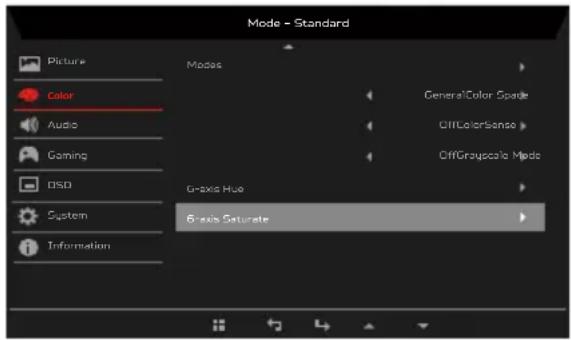 Mode - Standard Picture Color Audio Gaming OSD System Information Modes GeneralColor Spade OffColorSense OffGrayscale Mode GrAxis Hue 5-axis Saturate