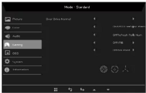 Mode - Standard Picture Over Drive Normal Audio Gaming OSO System Information OnAMU FreePage From OffRefresh Roll Num Off/NE Off/Am Point