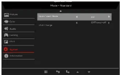 Quint Start Mode Mode - Standard Picture Color Audio Camping Print System Information Quint Start Mode Off Print Charge OffPower-off