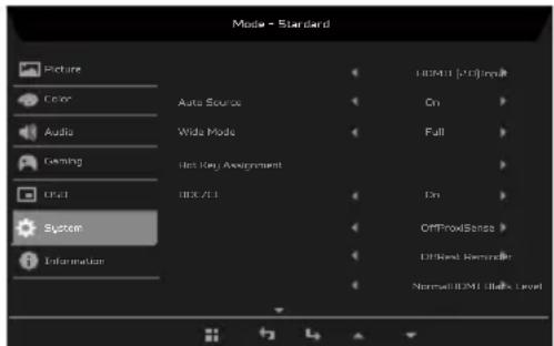 Mode - Standard Picture Core Audio Gaming Edit System Information Auto Source Wide Mode Hot Key Assignment IBX/II HDMI [V3]Input On Full On OFFBoxSens OFFBox Remode Normal/HDMI Build Level