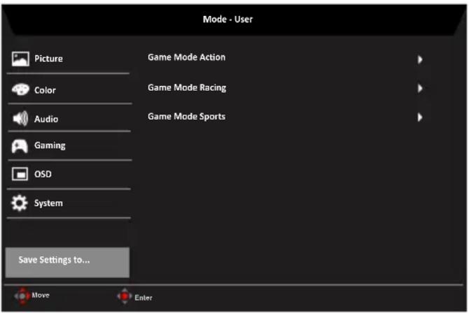 ACER Nitro VG271P - Save Setting to... (Zapisz ustawienia do...) (tylko tryb użytkownika) - 1