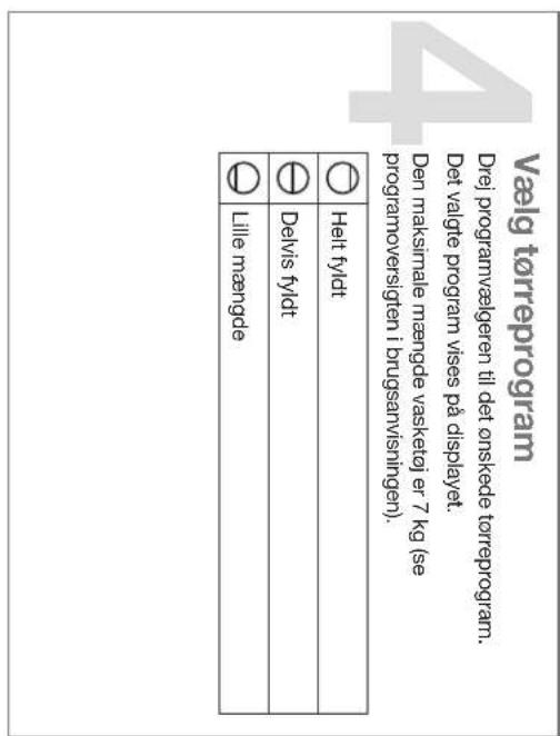 Vælg tørreprogram Drej programvælgeren til det ønskede tørreprogram. Det valgte program vises på displayet. Den maksirnale mængde vasketoj er 7 kg (se programoversigten i brugsanvisningen). Helt fyldt Delvis fyldt Lille mængde