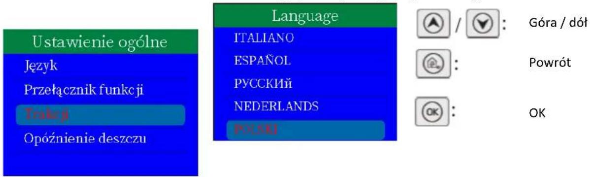 Ustawienie ogólne Język Przełącznik funkcji Trakcji Opóźnienie deszczu Language ITALIANO ESPAÑOL PYCCKIŃ NEDERLANDS POLSKI Góra / dół Powrót OK