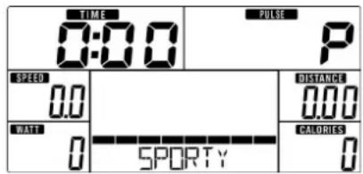 TIME 0:00 PULSE SPEED 0.0 WATT 0 SPORTY DISTANCE 0.00 CALORIES 0