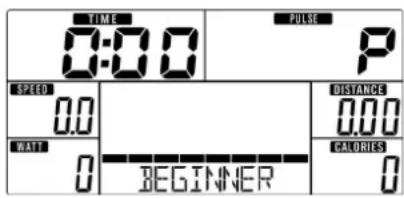 TIME 0:00 PULSE SPEED 0.0 WATT 0 BEGINNER DISTANCE 0.00 CALORIES 0