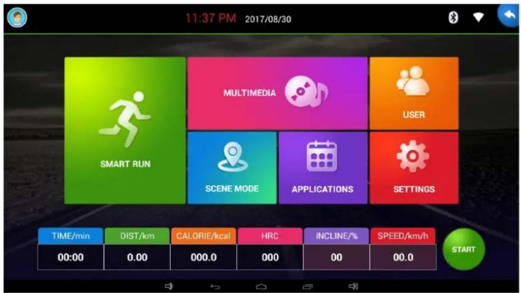 11:37 PM 2017/08/30 SMART RUN MULTIMEDIA USER SCENE MODE APPLICATIONS SETTINGS TIME/min DIST/km CALORIE/kcal HRC INCLINE/% SPEED/km/h 00:00 0.00 000.0 000 00 00.0 START