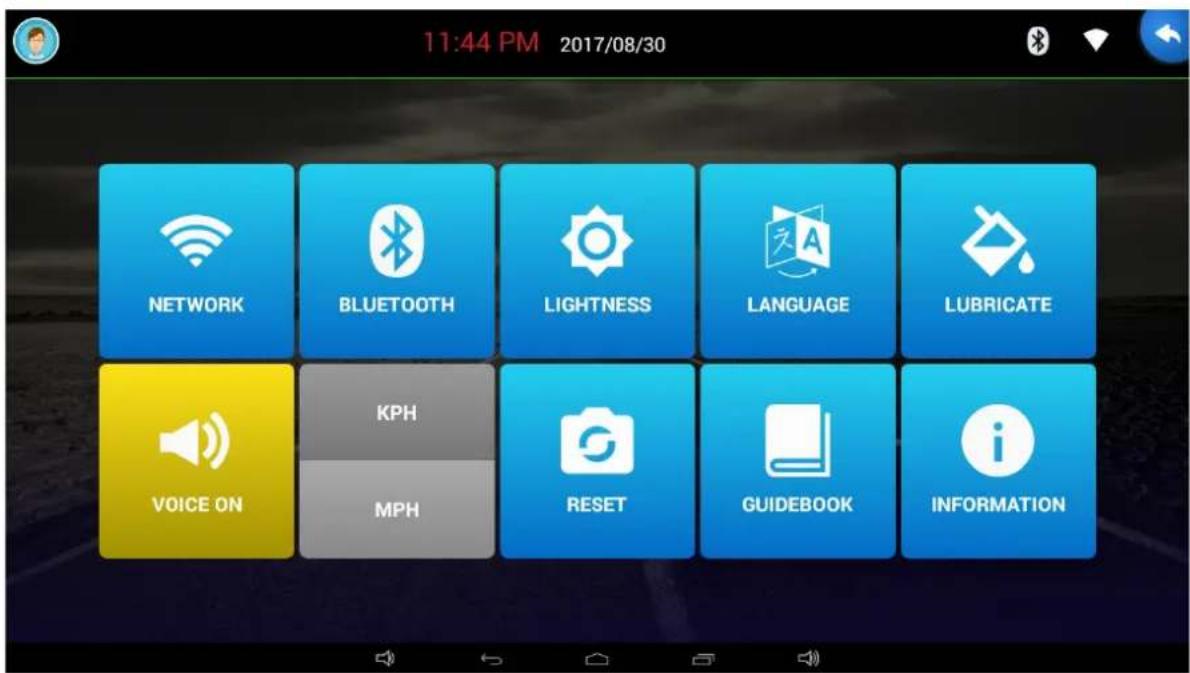 11:44 PM 2017/08/30 NETWORK BLUETOOTH LIGHTNESS LANGUAGE LUBRICATE VOICE ON KPH RESET GUIDEBOOK INFORMATION MPH