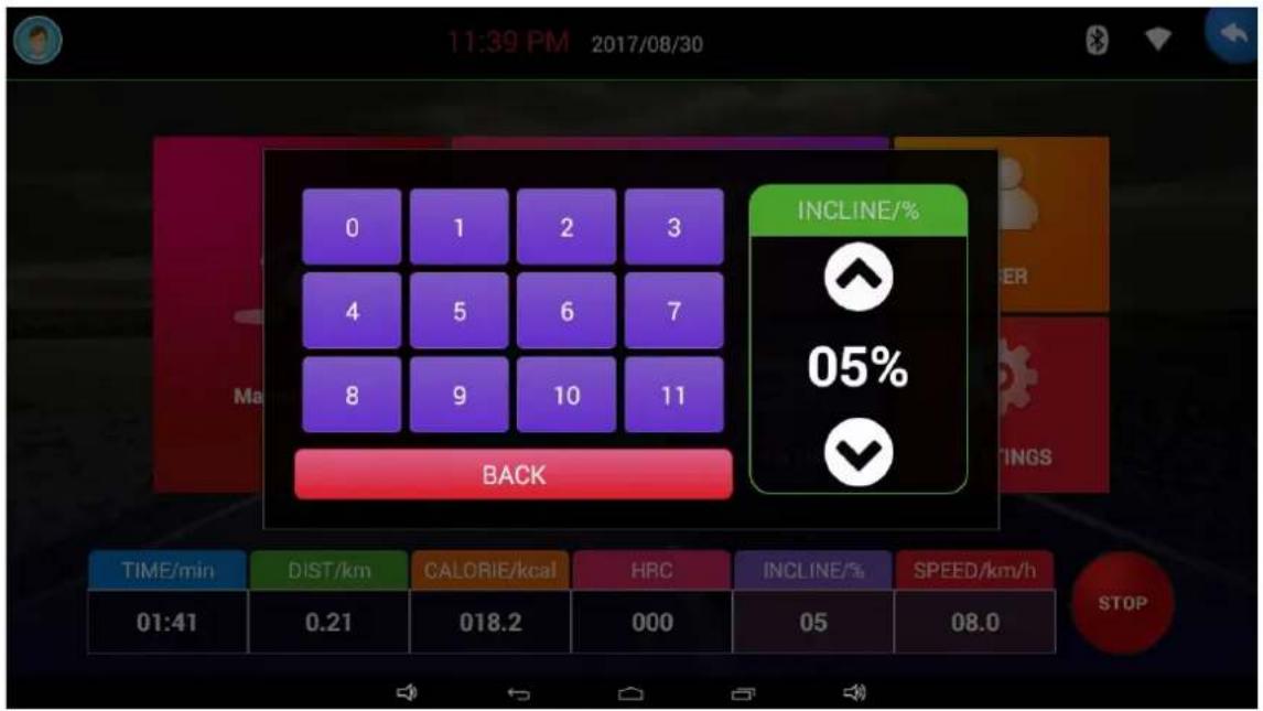 11:39 PM 2017/08/30 0 1 2 3 4 5 6 7 8 9 10 11 BACK INCLINE/% 05% TIME/min DIST/km CALORIE/kcal HRC INCLINE/% SPEED/km/h STOP 01:41 0.21 018.2 000 05 08.0