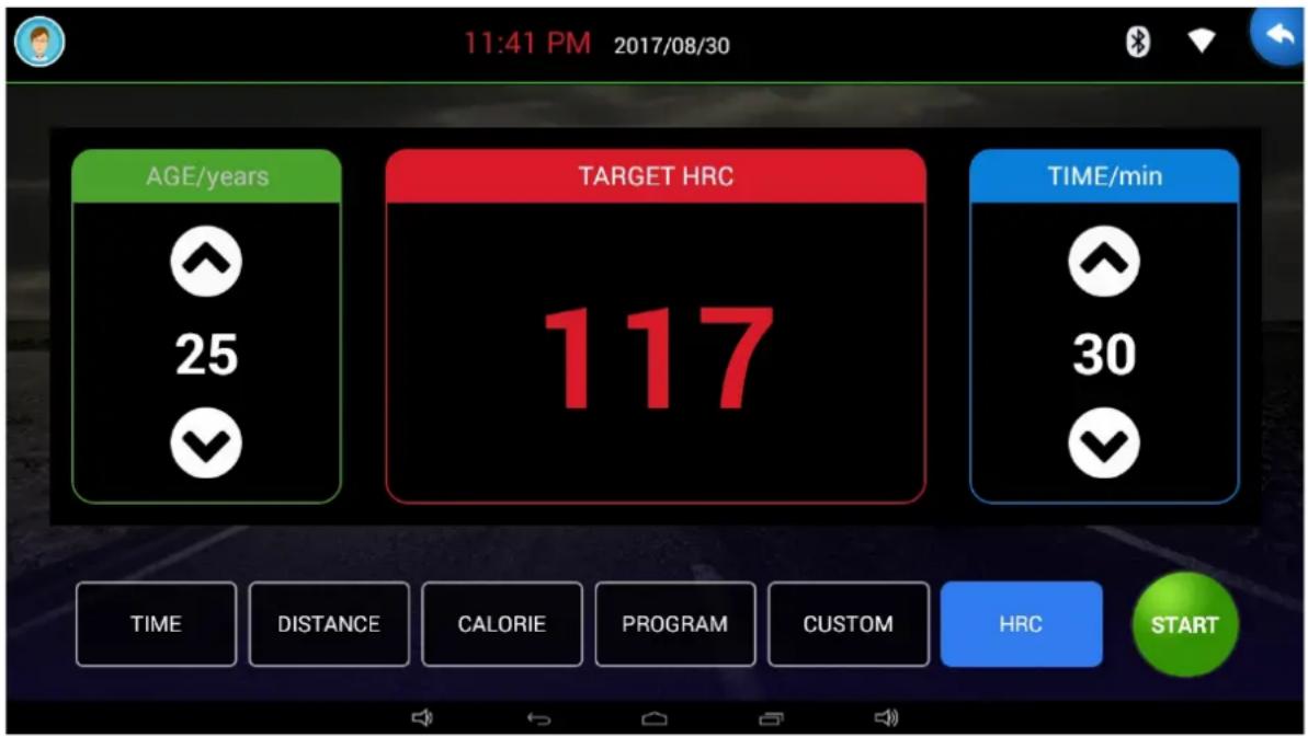 11:41 PM 2017/08/30 AGE/years 25 TARGET HRC 117 TIME/min 30 TIME DISTANCE CALORIE PROGRAM CUSTOM HRC START