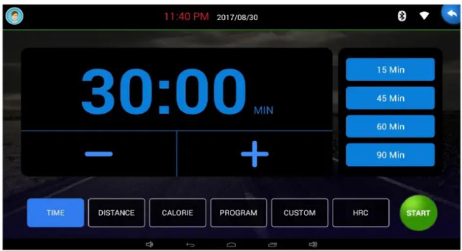 11:40 PM 2017/08/30 30:00 MIN - + 15 Min 45 Min 60 Min 90 Min TIME DISTANCE CALORIE PROGRAM CUSTOM HRC START