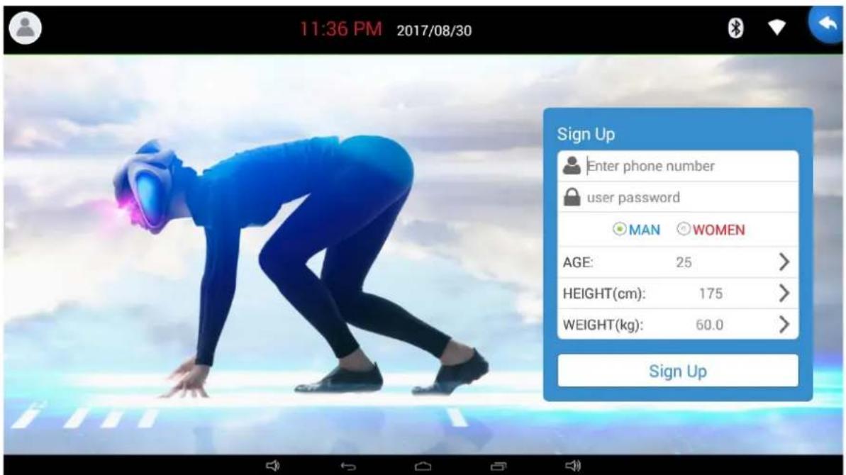 11:36 PM 2017/08/30 Sign Up Enter phone number user password MAN WOMEN AGE: 25 > HEIGHT(cm): 175 > WEIGHT(kg): 60.0 > Sign Up