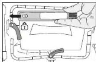 Illustration of a hand holding a tool inside a device casing with tools and a lock icon (no text or symbols)