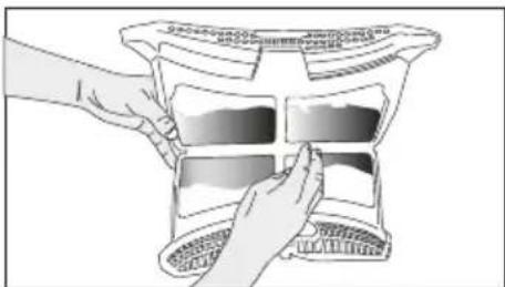 Illustration of hands holding a transparent container with internal compartments (no text or symbols)