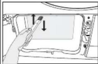 Diagram of a hand inserting a cable into a device panel, showing directional arrows (no text or symbols)