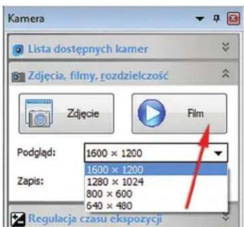 Kamera Lista dostępnych kamer Zdjęcia, filmy, rozdzielczość Zdjęcie Film Podgląd: 1600 × 1200 1600 × 1200 Zapis: 1280 × 1024 800 × 600 640 × 480 Regulacja czasu ekspozycji