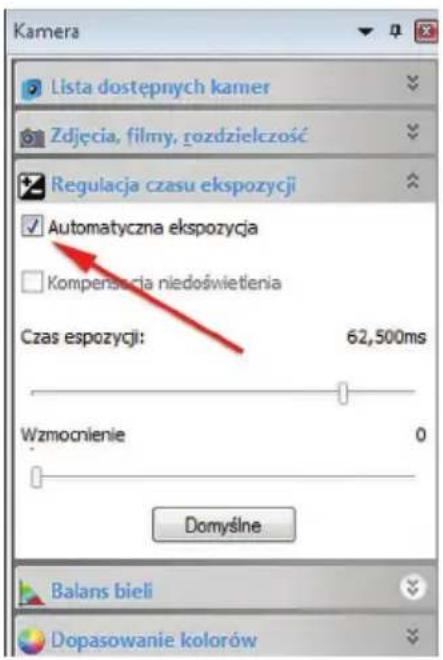 Kamera Lista dostępnych kamer Zdjęcia, filmy, rozdzielczość Regulacja czasu ekspozycji Automatyczna ekspozycja Kompenścia niedoświetienia Czas espozycji: 62,500ms Wzmocnienie 0 Domyślne Balans bieli Dopasowanie kolorów