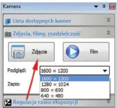 Kamera Lista dostępnych kamer Zdjęcia, filmy, rozdzielczość Zdjęcie Film Podgląd: 1600 × 1200 1600 × 1200 Zapis: 1280 × 1024 800 × 600 640 × 480 Regulacja czasu ekspozycji