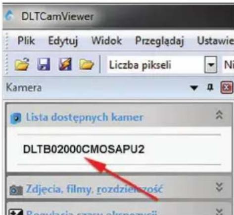 DLTCamViewer Plik Edytuj Widok Przeglądaj Ustawie Liczba pikseli Ni Kamera Lista dostępnych kamer DLTB02000CMOSAPU2 Zdjęcia, filmy, rozdzielczość Populsia granu okransycji