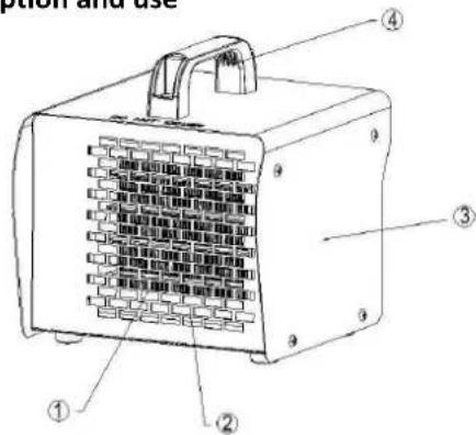 Technical diagram of a portable electrical heater with numbered components and labeled parts