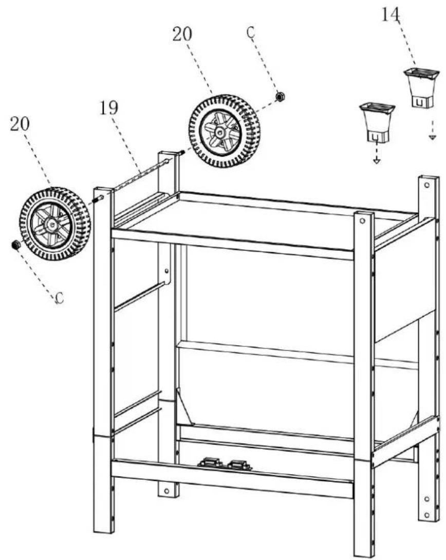 Technical diagram of a multi-level storage unit with labeled components and assembly steps