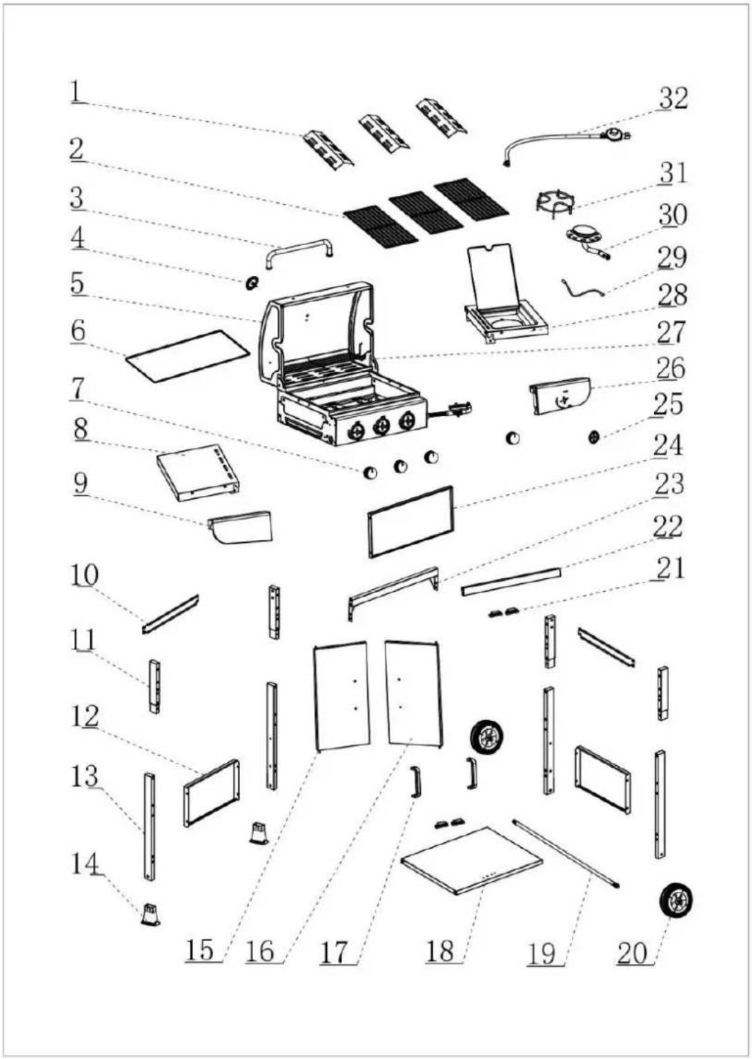 Exploded view diagram of a portable stove with numbered parts for identification