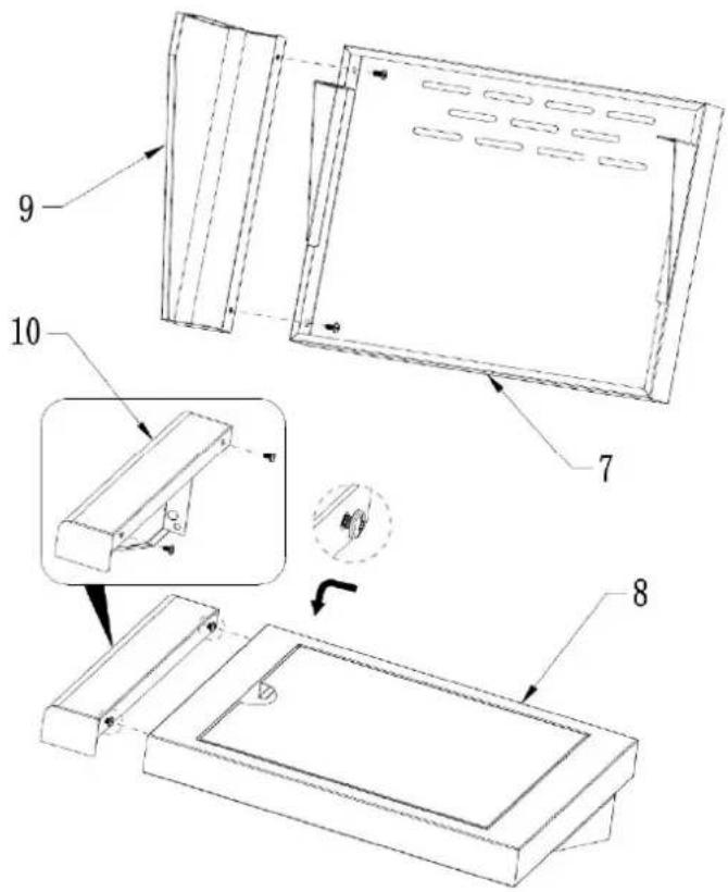 Technical diagram of a device with numbered components and an inset showing a mechanical assembly with labeled parts 7, 8, and 9.