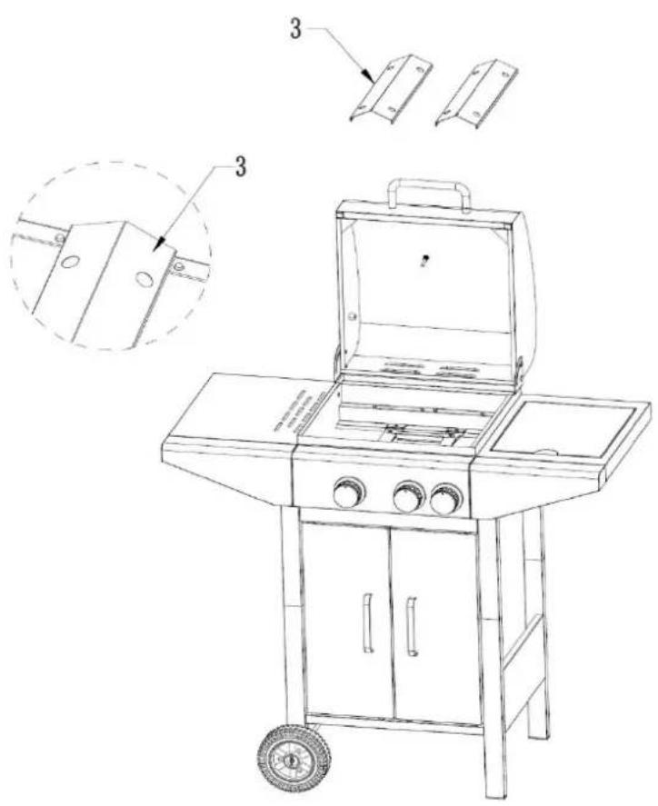 Technical line drawing of a portable grill with labeled components and exploded view