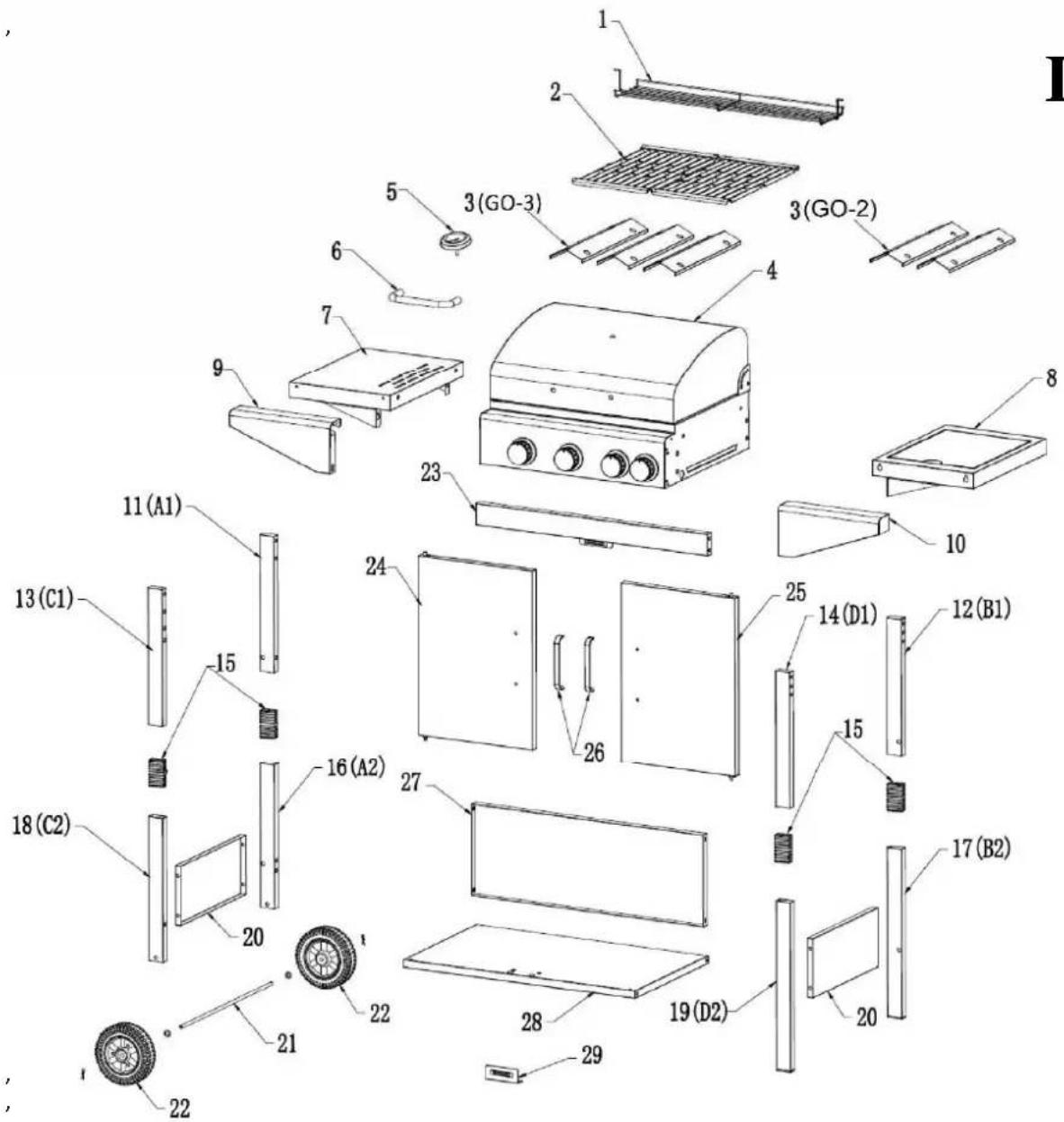 Exploded view diagram of a microwave oven with numbered components and labeled parts