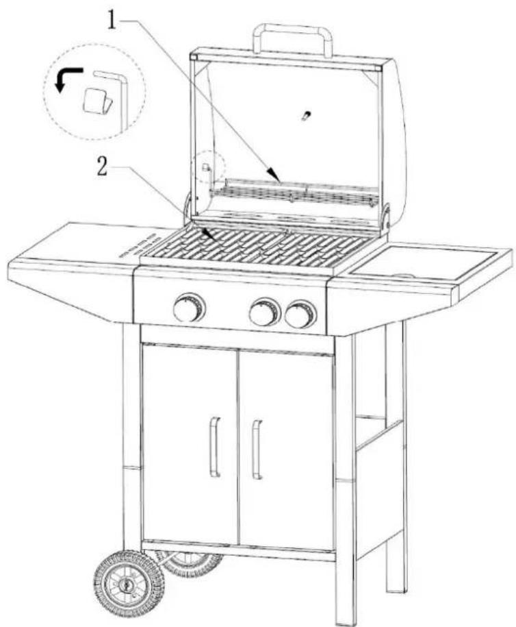 Technical diagram of a grill with labeled parts and a magnified inset showing a close-up view of the grater's opening.