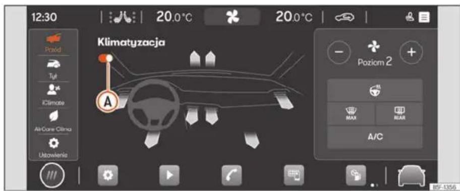 12:30 20.0°C 20.0°C Klimatyzacja Poziom 2 A Poziom 2 MAX REAR A/C Ustowienia B5F-1356