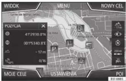 WIDOK MENU NOWY CEL PoZYCJA 41°2930.0"N 00°5340.8"E - 17 m 0/16 P S MOJE CELE USTAWIENIA POI B5-0885