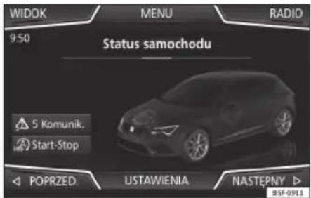 WIDOK MENU RADIO 9:50 Status samochodu 5 Komunik. Start-Stop POPRZED USTAWIENIA NASTEPNY BSP-091.1