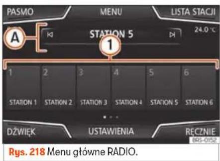 PASMO MENU LISTA STACJI A STATION 5 24.0 °C 1 1 2 3 4 5 6 STATION 1 STATION 2 STATION 3 STATION 4 STATION 5 STATION 6 DZWIEK USTAWIENIA RECZNIE RYS. 218 Menu główne RADIO.
