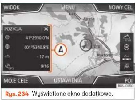 WIDOK MENU NOWY CEL POZYCJA 41°2930.0"N 001°5340.8"E -17 m 9/16 MOJE CELE USTAWIENIA POI Rys. 234 Wyświetlone okno dodatkowe.