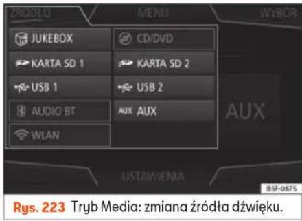 JUKEBOX KARTA SD 1 USB 1 AUDIO BT WLAN CD/DVD KARTA SD 2 USB 2 AUX AUX LISTAWIENIA BSP-0875 Rys. 223 Tryb Media: zmiana źródła dźwięku.